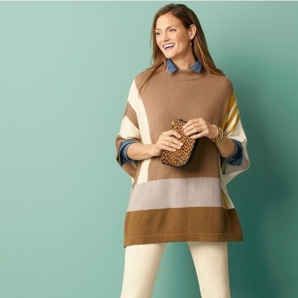 Talbots Colorblock Stripe Poncho Large Tan Cream Mock Neck Sweater Preppy NWT